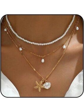 Women's 3 Layer Gold Silver Starfish Pearl Seashell Cowrie Shell Beach Necklace
